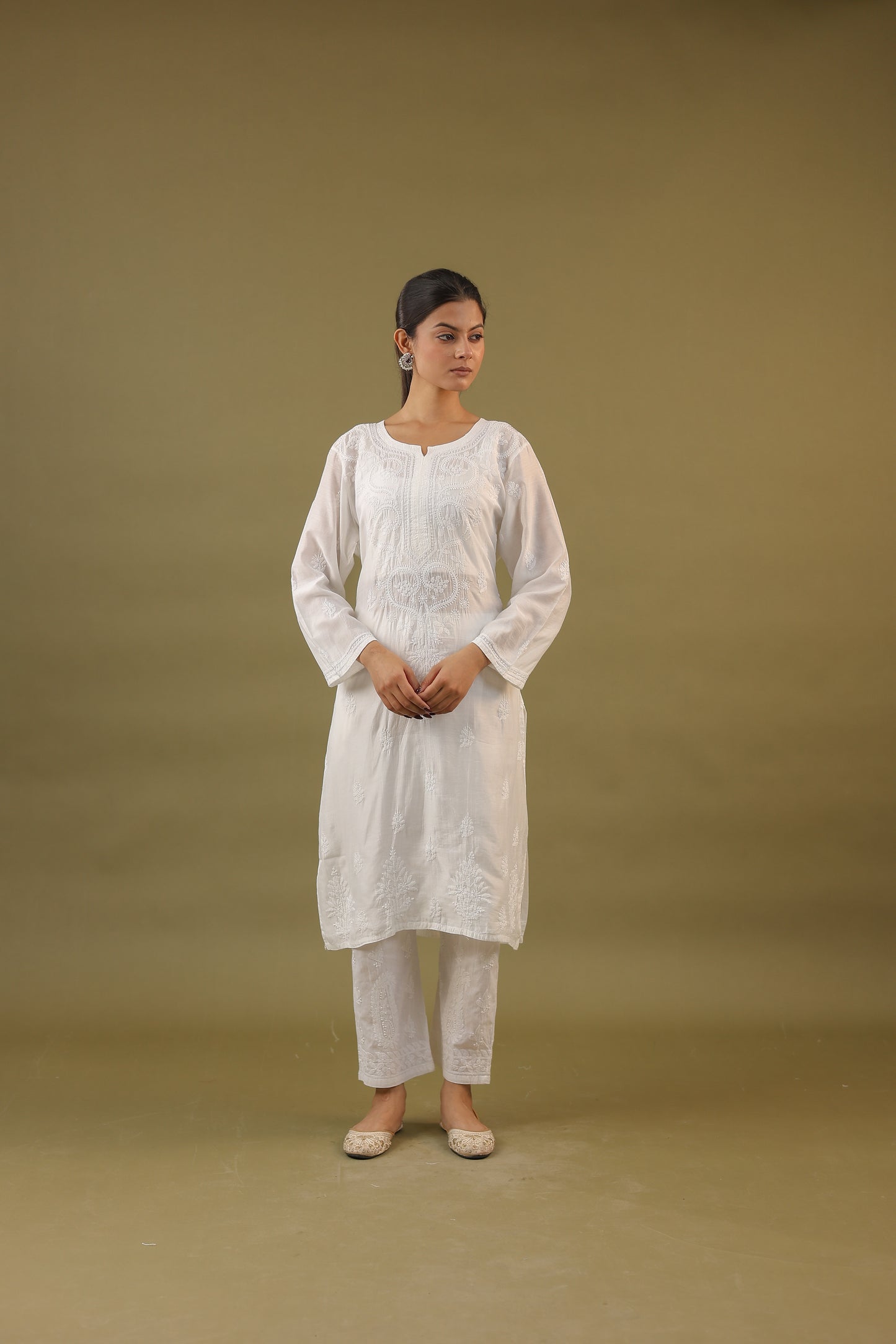 Chanderi Cotton Long Chikankari Kurti