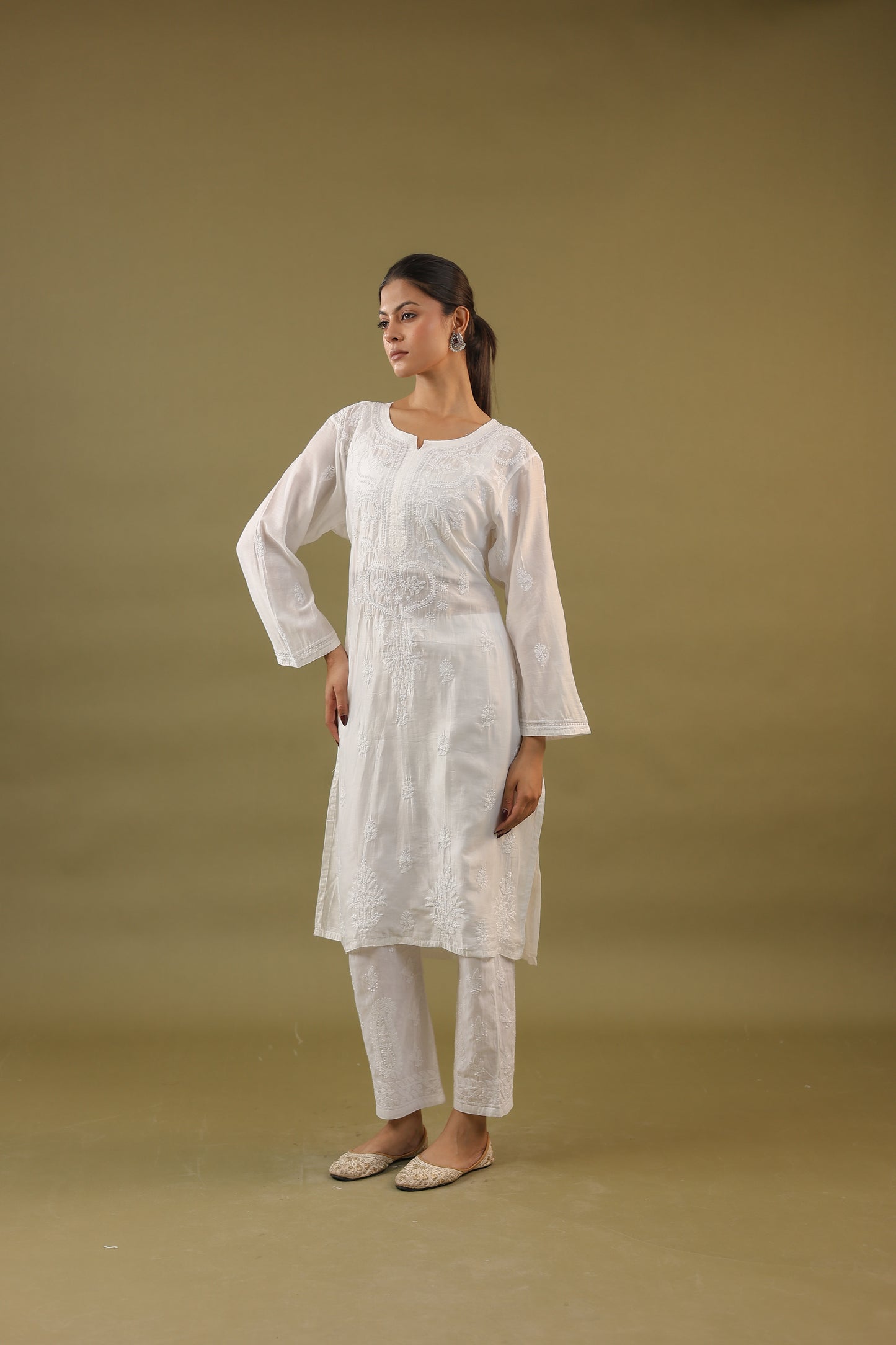 Chanderi Cotton Long Chikankari Kurti