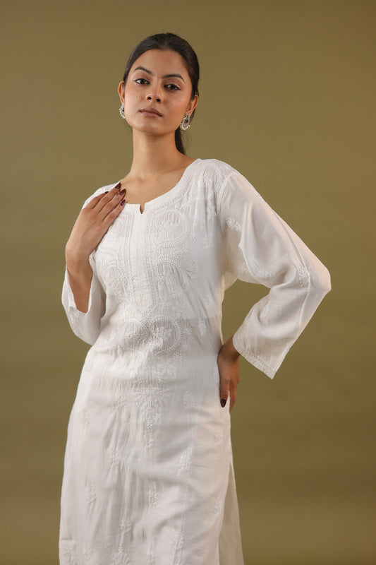 Chanderi Cotton Long Chikankari Kurti