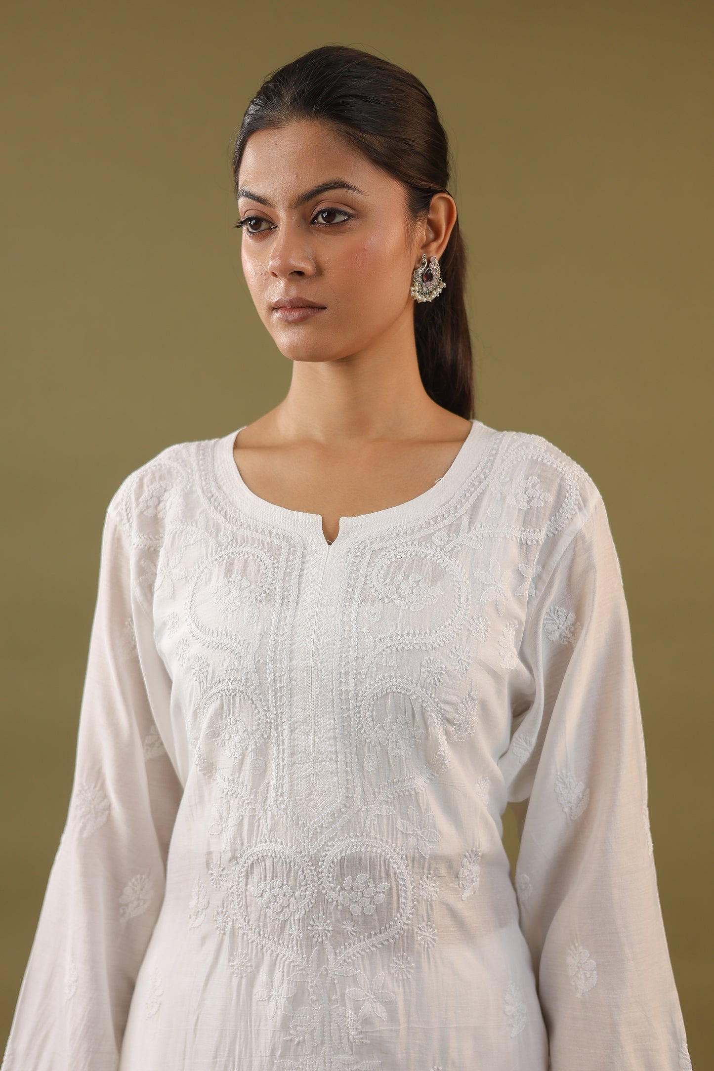 Chanderi Cotton Long Chikankari Kurti