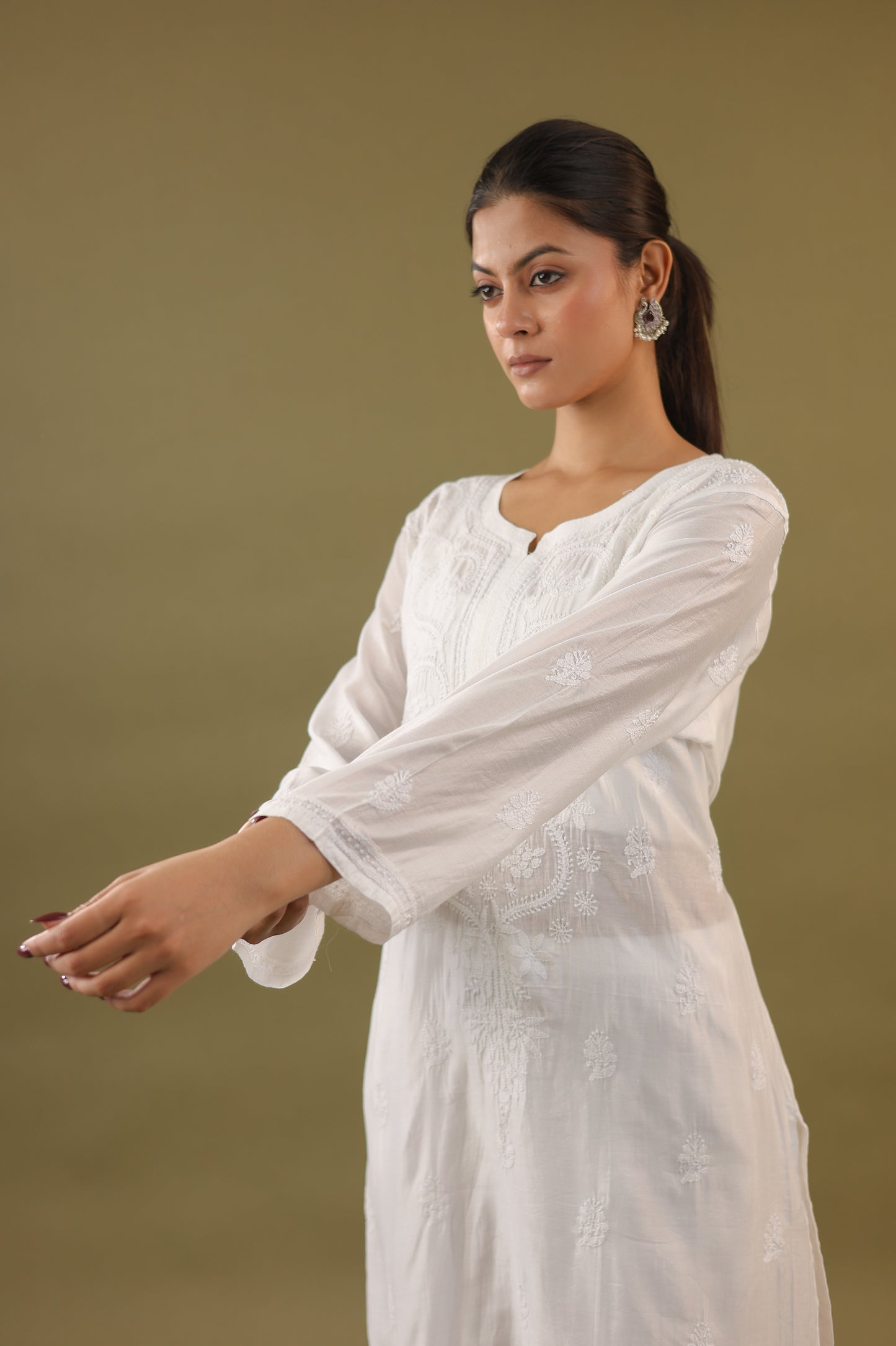 Chanderi Cotton Long Chikankari Kurti
