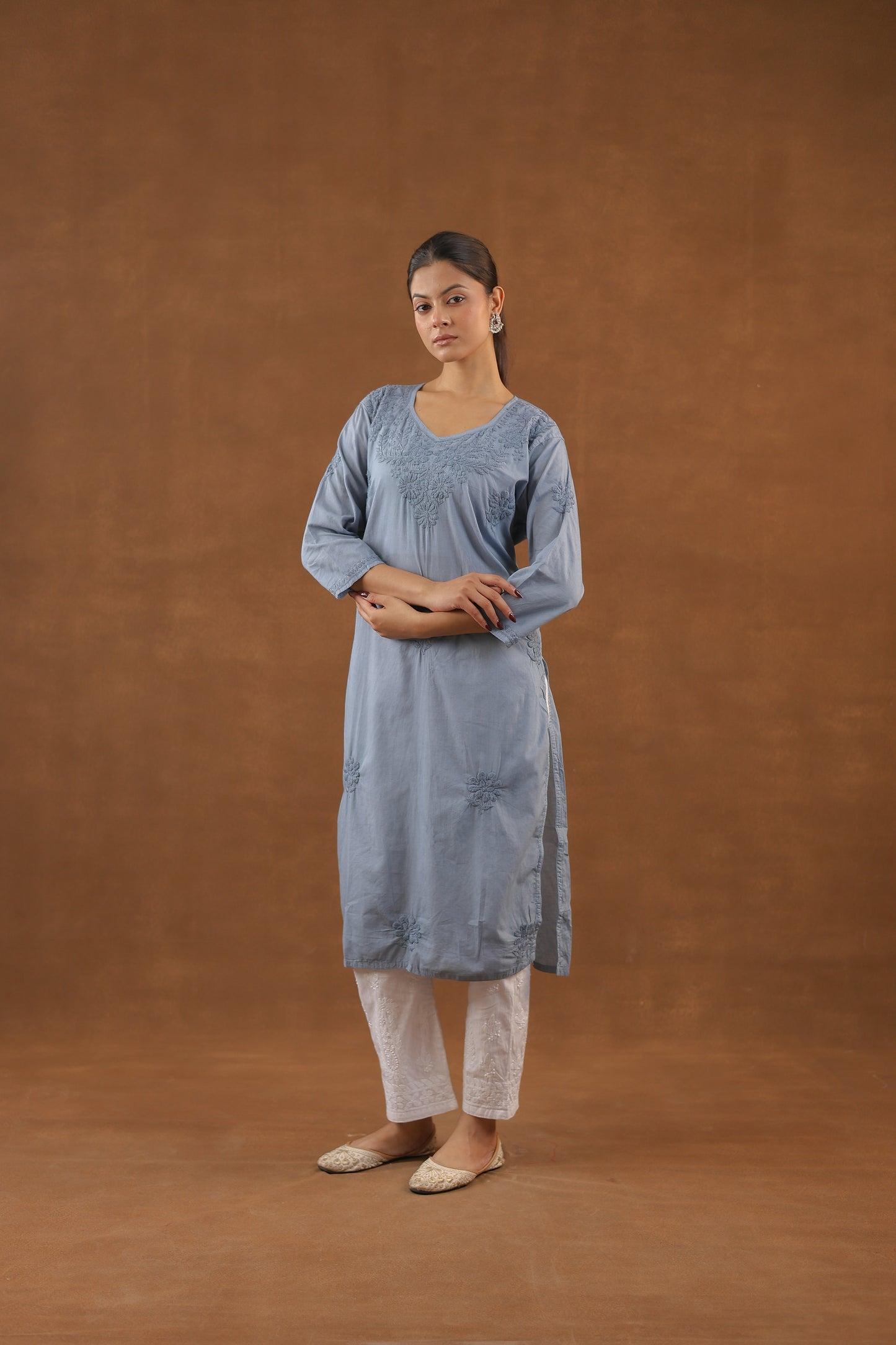 Cotton V-Neck Long Chikankari Kurti