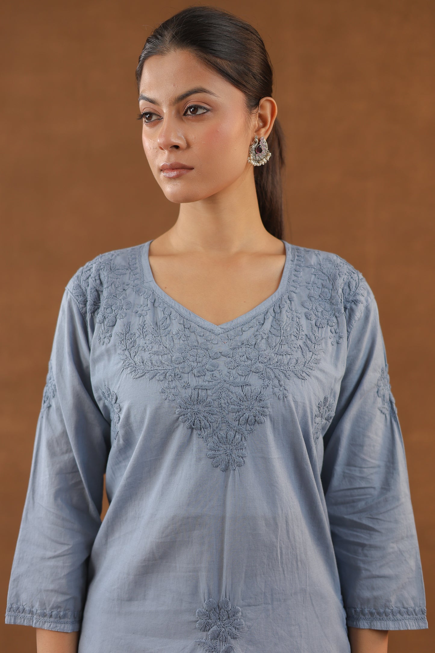 Cotton V-Neck Long Chikankari Kurti