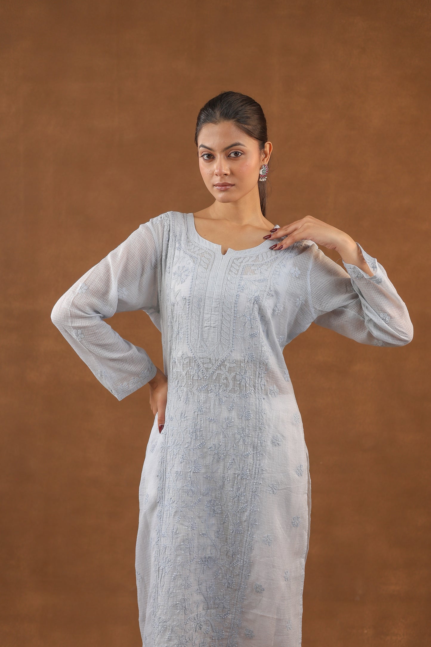Kota Cotton Long Chikankari Kurti