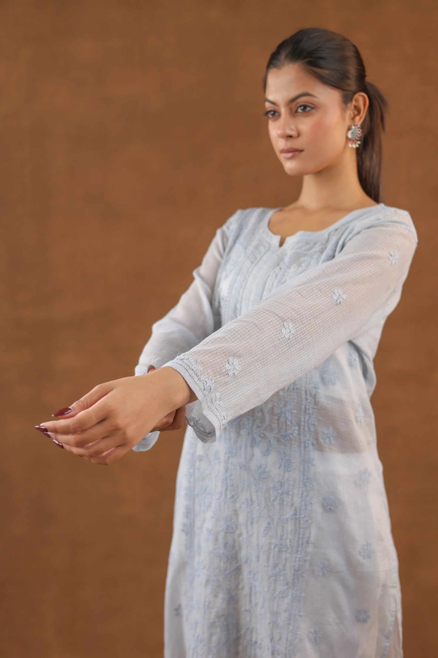 Kota Cotton Long Chikankari Kurti