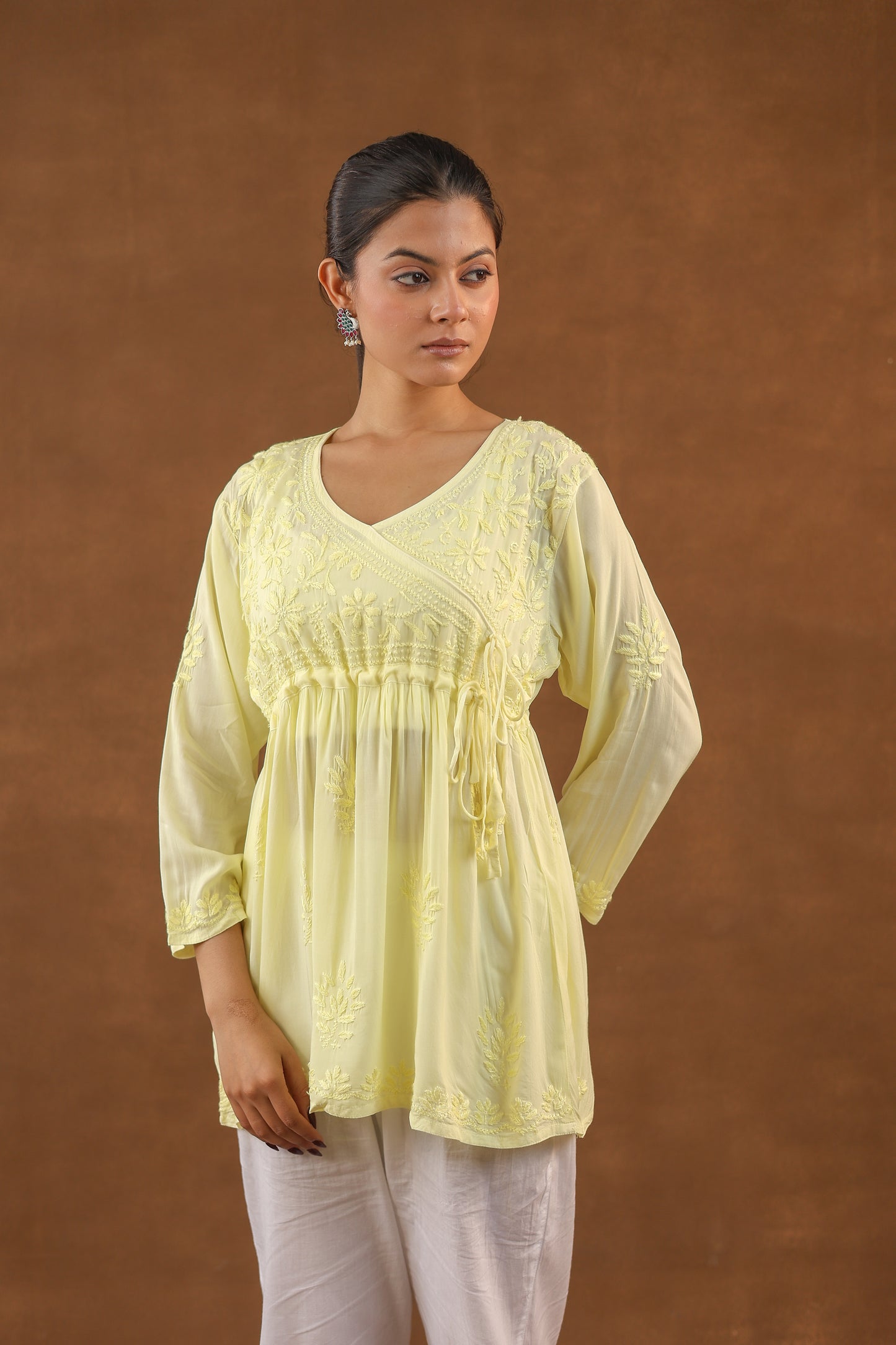 Modal Cotton Short Angrakha Chikankari Kurti