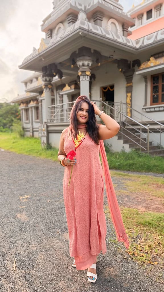 Georgette Sleeveless Long Viscose  Chikankari Jaal Kurti