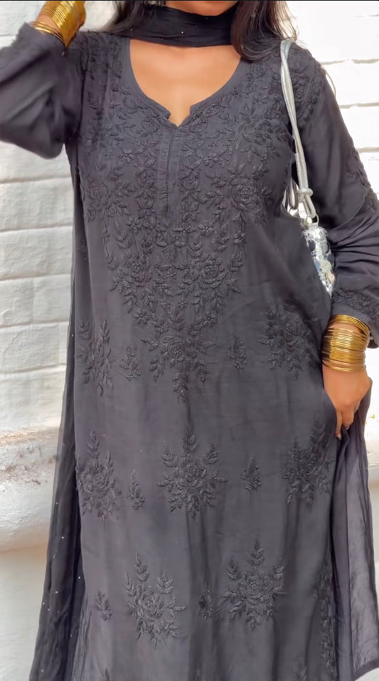 Nisha Muslin Long Chikankari Kurti