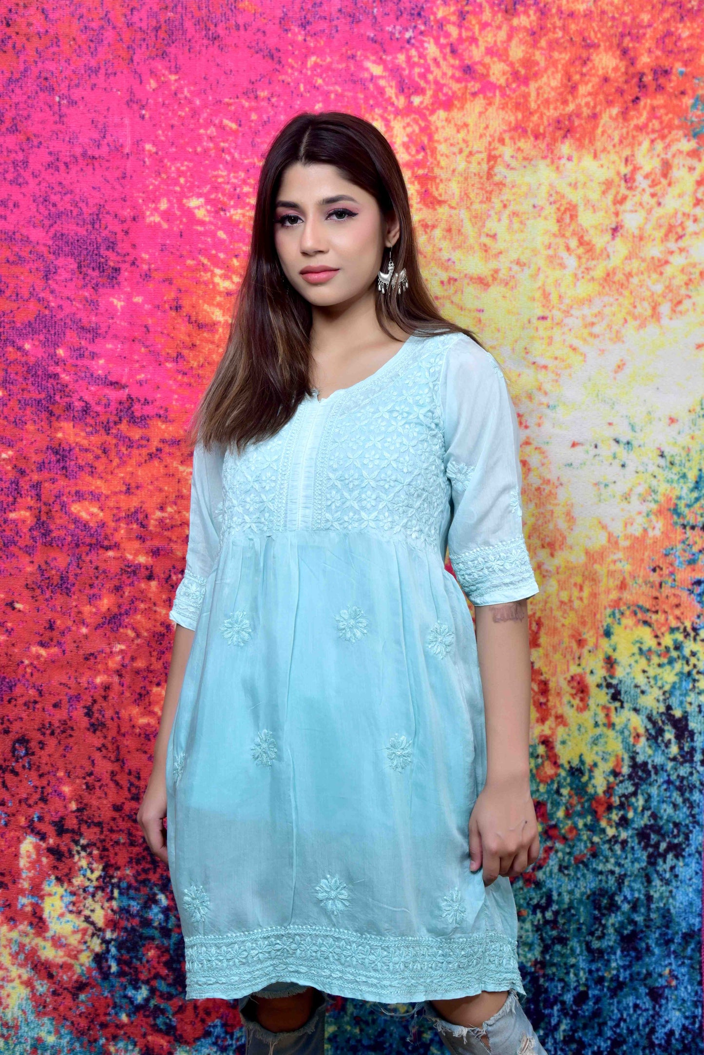 Muslin Short Chikankari kurti - Janaki Apparels