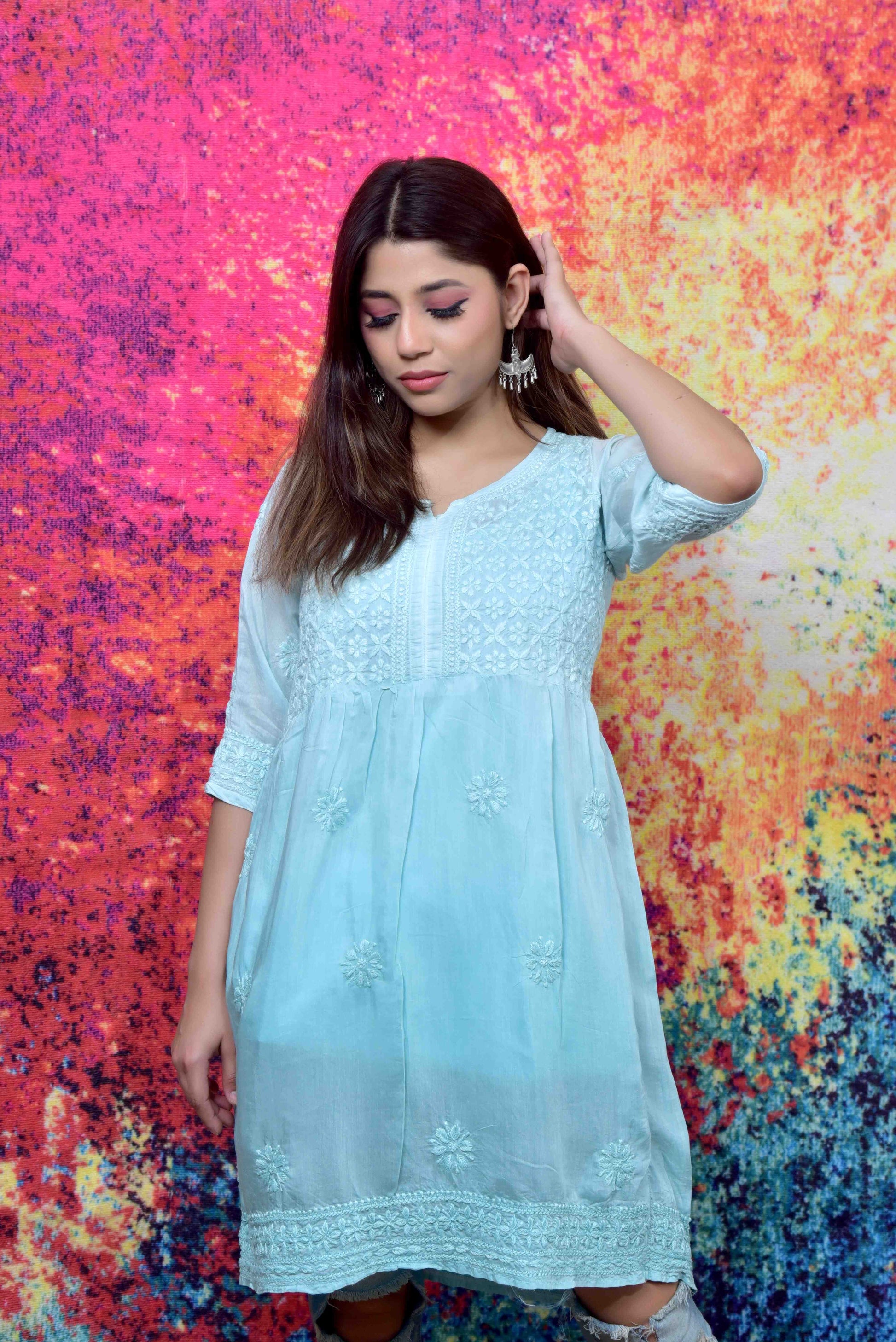 Muslin Short Chikankari kurti - Janaki Apparels